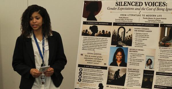 Student presenting poster about silenced voices