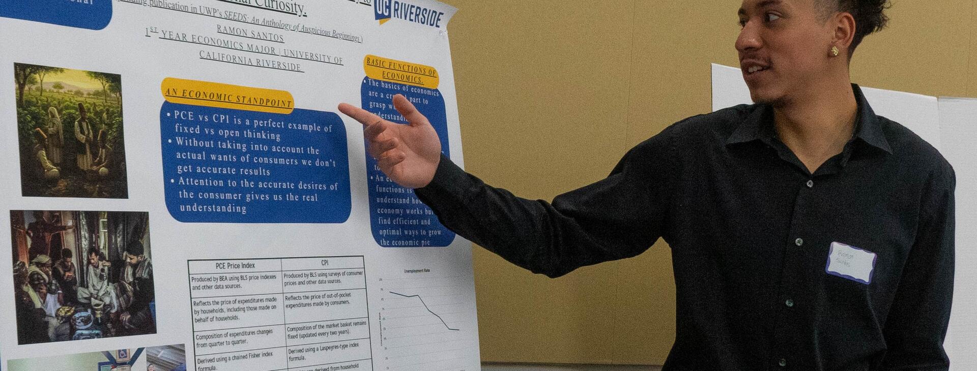 Student proudly presenting his poster